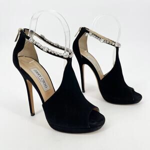 Jimmy Choo Farah Black Suede Crystal Trim Peep Toe Platform Pump Sandal IT 37.5